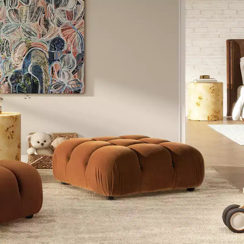 Pouf modulable contemporain en velours haute performance vert olive de 91 cm