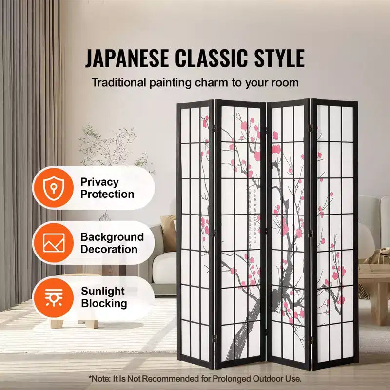 Séparateur de pièce VEVOR, paravent japonais à 4 panneaux, paravent pliant en bois pour intérieur, séparateur de pièce portable décoratif marron+blanc