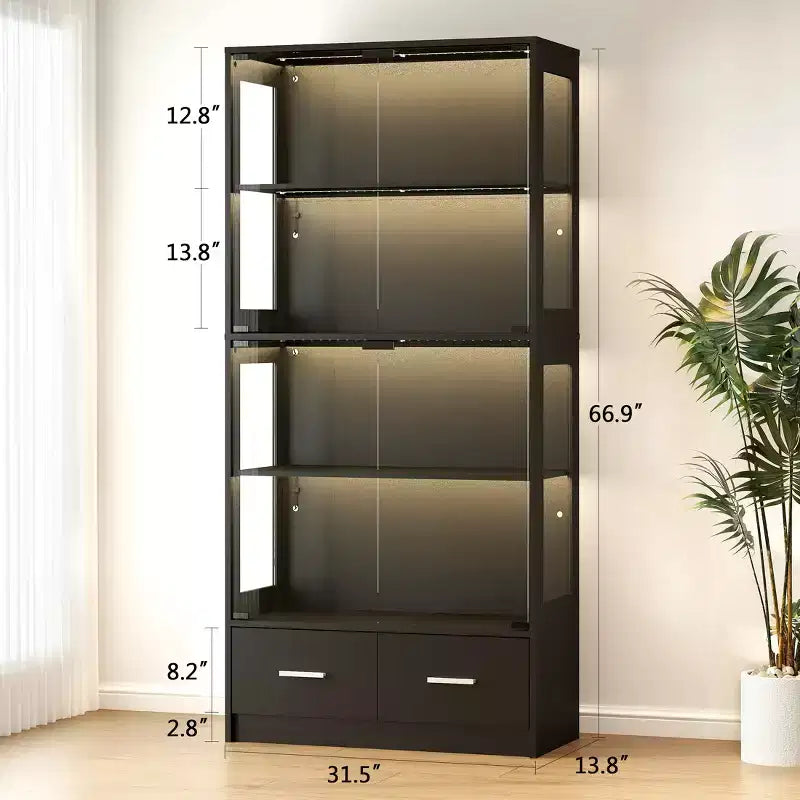 Vitrine en verre à 5 niveaux avec lumières LED, étagères réglables et 2 tiroirs, meuble de collection pour la maison et le bureau