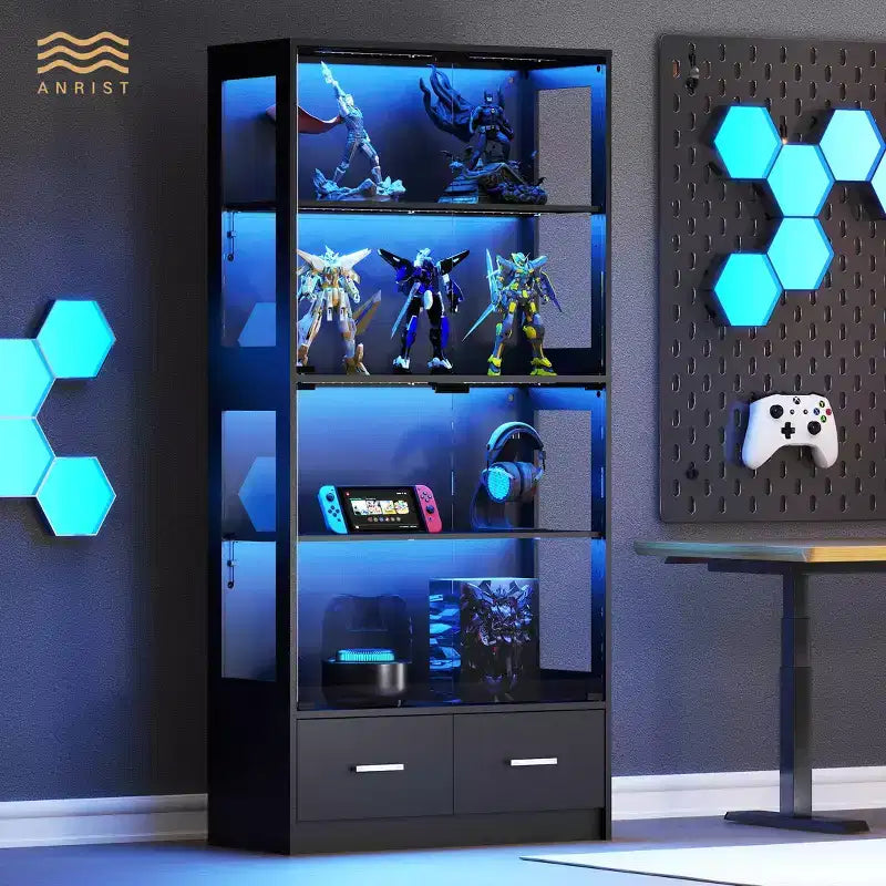 Vitrine en verre à 5 niveaux avec lumières LED, étagères réglables et 2 tiroirs, meuble de collection pour la maison et le bureau