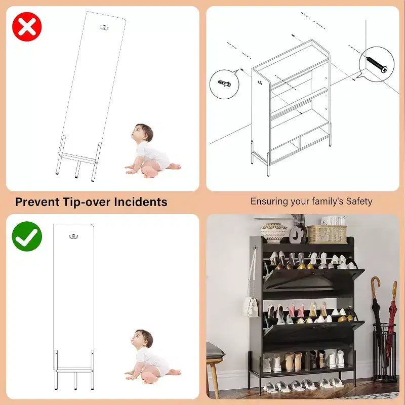 Meuble à chaussures 2 tiroirs, Organisateur d'entrée autoportant avec portes rabattables, Pieds en métal, Meuble à chaussures étroit pour rangement sec/humide