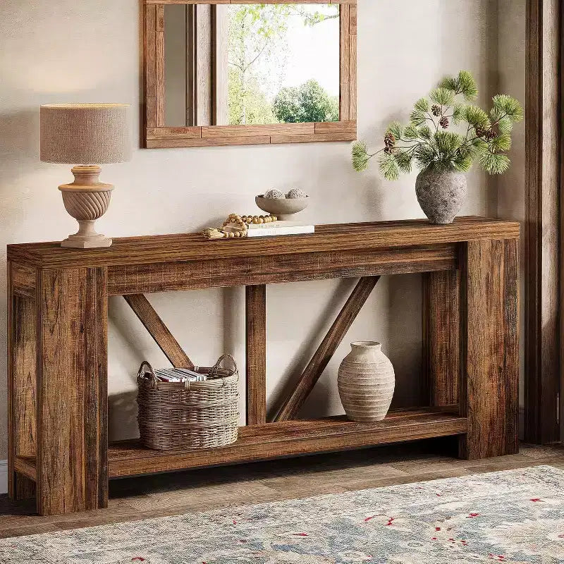 Console longue de 70,9 pouces, table de canapé de style rustique à 2 niveaux derrière le canapé, grande console d'entrée avec rangement pour le couloir, le foyer