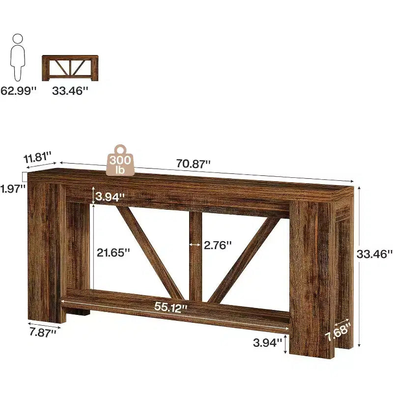 Console longue de 70,9 pouces, table de canapé de style rustique à 2 niveaux derrière le canapé, grande console d'entrée avec rangement pour le couloir, le foyer