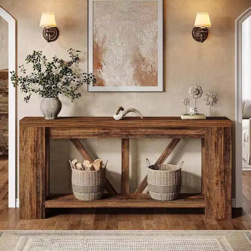 Console longue de 70,9 pouces, table de canapé de style rustique à 2 niveaux derrière le canapé, grande console d'entrée avec rangement pour le couloir, le foyer