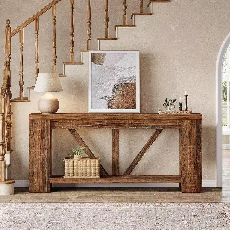 Console longue de 70,9 pouces, table de canapé de style rustique à 2 niveaux derrière le canapé, grande console d'entrée avec rangement pour le couloir, le foyer