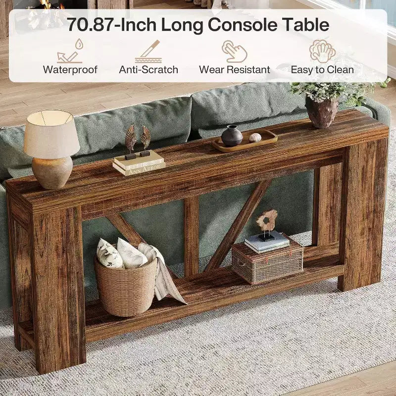 Console longue de 70,9 pouces, table de canapé de style rustique à 2 niveaux derrière le canapé, grande console d'entrée avec rangement pour le couloir, le foyer