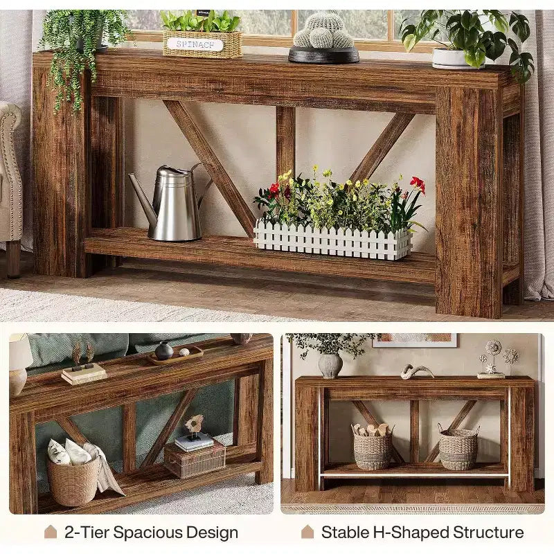 Console longue de 70,9 pouces, table de canapé de style rustique à 2 niveaux derrière le canapé, grande console d'entrée avec rangement pour le couloir, le foyer