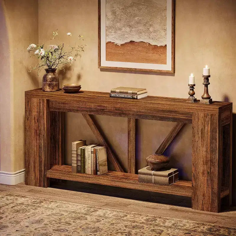 Console longue de 70,9 pouces, table de canapé de style rustique à 2 niveaux derrière le canapé, grande console d'entrée avec rangement pour le couloir, le foyer