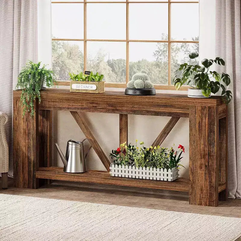 Console longue de 70,9 pouces, table de canapé de style rustique à 2 niveaux derrière le canapé, grande console d'entrée avec rangement pour le couloir, le foyer