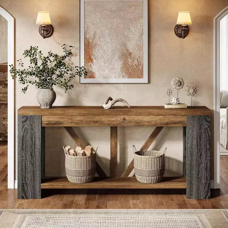 Console longue de 70,9 pouces, table de canapé de style rustique à 2 niveaux derrière le canapé, grande console d'entrée avec rangement pour le couloir, le foyer