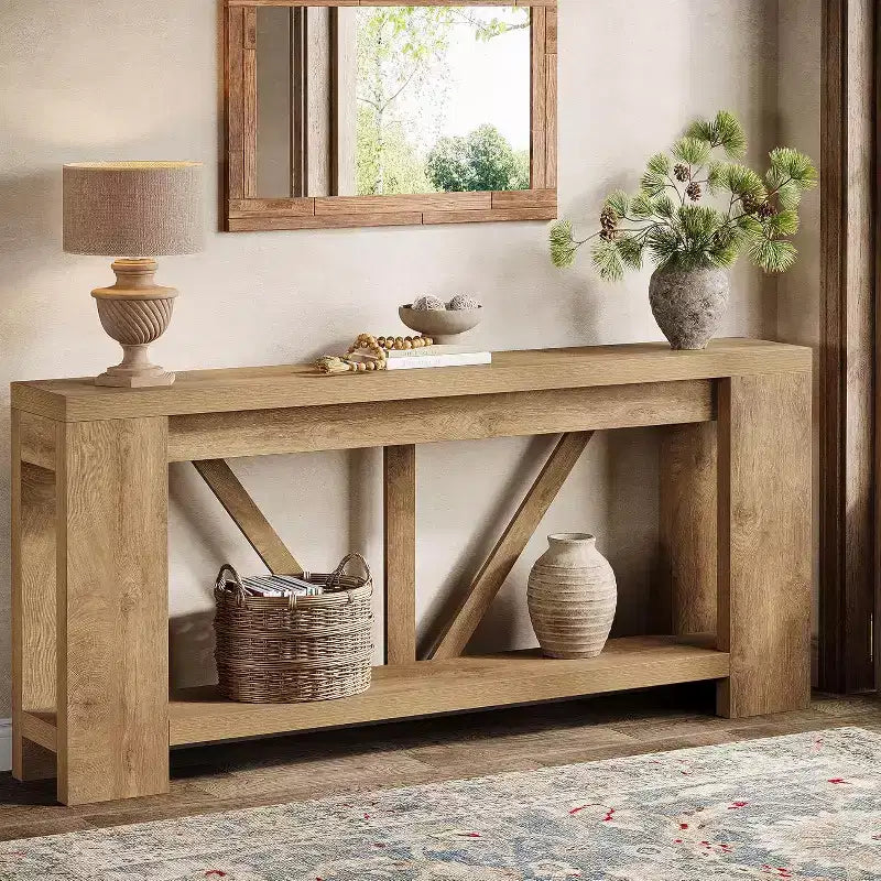 Console longue de 70,9 pouces, table de canapé de style rustique à 2 niveaux derrière le canapé, grande console d'entrée avec rangement pour le couloir, le foyer