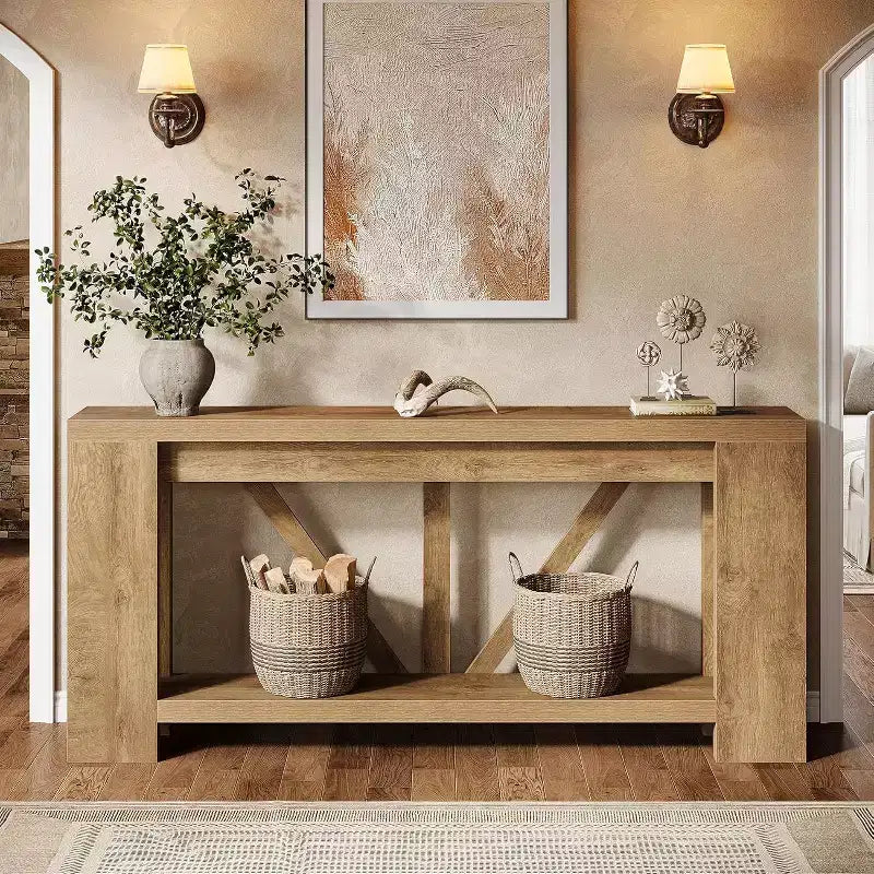 Console longue de 70,9 pouces, table de canapé de style rustique à 2 niveaux derrière le canapé, grande console d'entrée avec rangement pour le couloir, le foyer