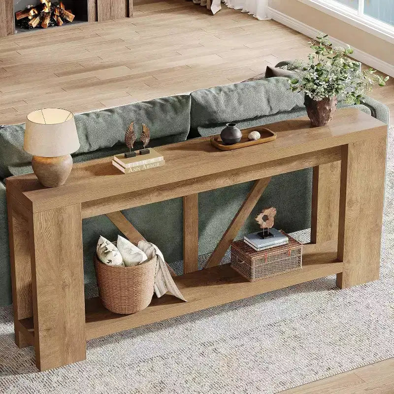 Console longue de 70,9 pouces, table de canapé de style rustique à 2 niveaux derrière le canapé, grande console d'entrée avec rangement pour le couloir, le foyer
