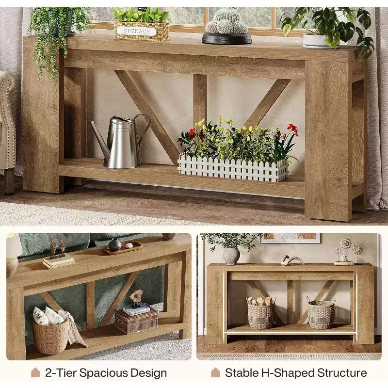 Console longue de 70,9 pouces, table de canapé de style rustique à 2 niveaux derrière le canapé, grande console d'entrée avec rangement pour le couloir, le foyer