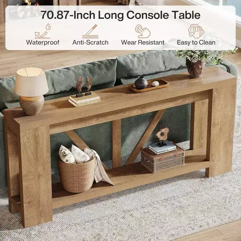 Console longue de 70,9 pouces, table de canapé de style rustique à 2 niveaux derrière le canapé, grande console d'entrée avec rangement pour le couloir, le foyer