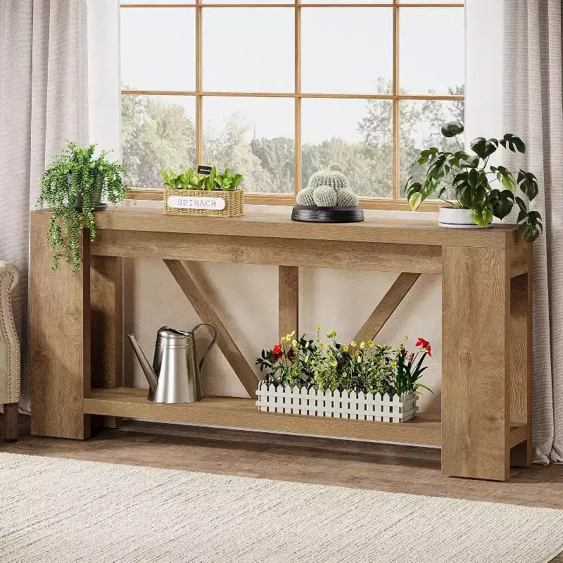 Console longue de 70,9 pouces, table de canapé de style rustique à 2 niveaux derrière le canapé, grande console d'entrée avec rangement pour le couloir, le foyer