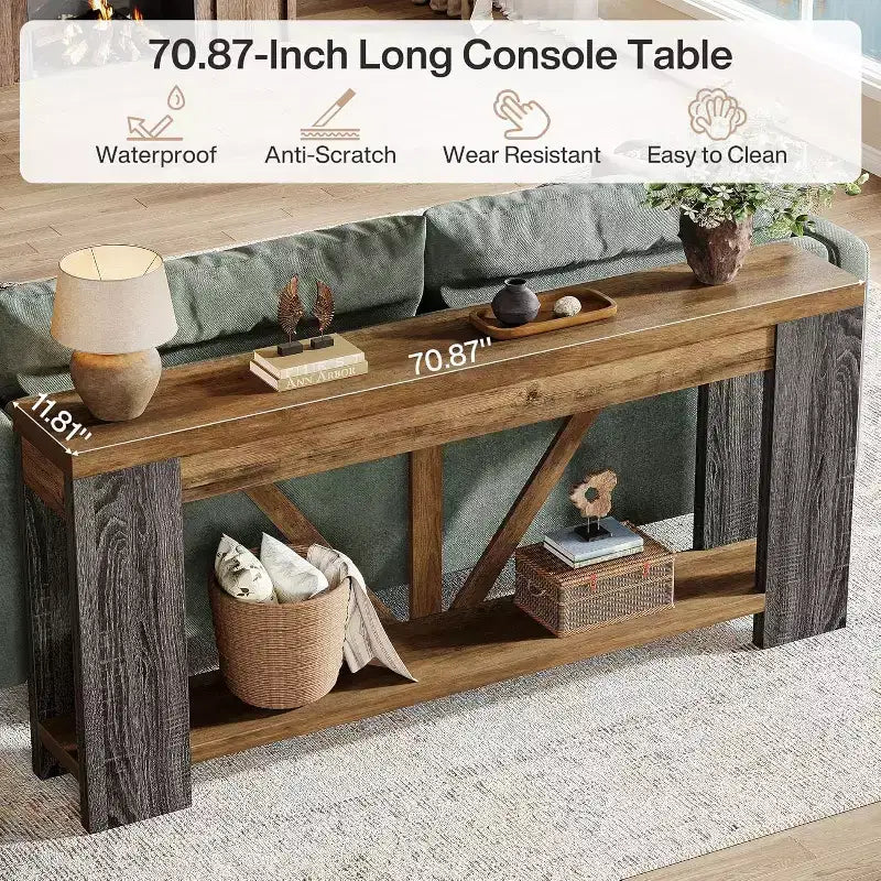 Console longue de 70,9 pouces, table de canapé de style rustique à 2 niveaux derrière le canapé, grande console d'entrée avec rangement pour le couloir, le foyer