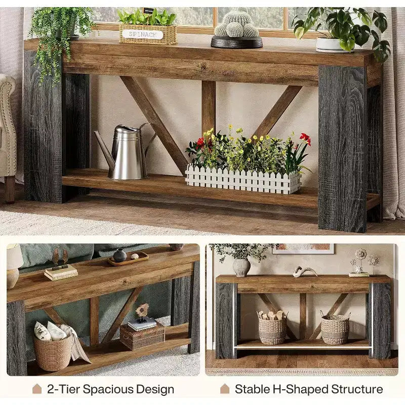 Console longue de 70,9 pouces, table de canapé de style rustique à 2 niveaux derrière le canapé, grande console d'entrée avec rangement pour le couloir, le foyer