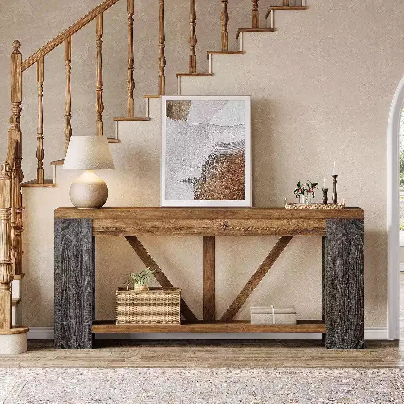 Console longue de 70,9 pouces, table de canapé de style rustique à 2 niveaux derrière le canapé, grande console d'entrée avec rangement pour le couloir, le foyer