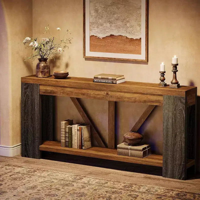 Console longue de 70,9 pouces, table de canapé de style rustique à 2 niveaux derrière le canapé, grande console d'entrée avec rangement pour le couloir, le foyer