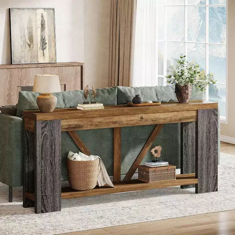 Console longue de 70,9 pouces, table de canapé de style rustique à 2 niveaux derrière le canapé, grande console d'entrée avec rangement pour le couloir, le foyer
