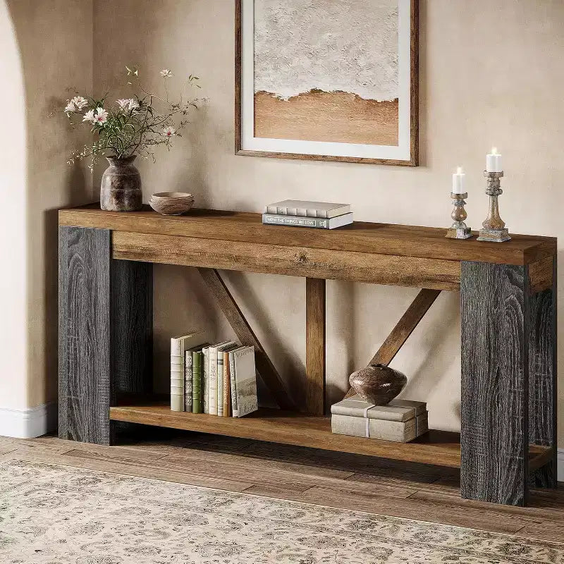 Console longue de 70,9 pouces, table de canapé de style rustique à 2 niveaux derrière le canapé, grande console d'entrée avec rangement pour le couloir, le foyer