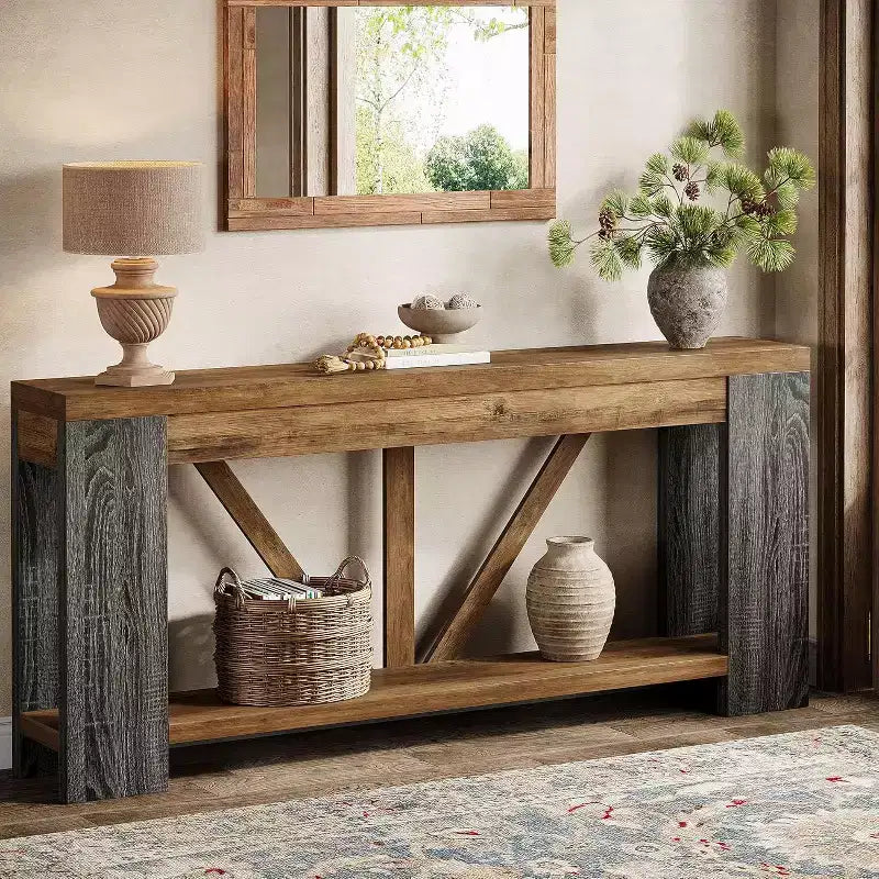 Console longue de 70,9 pouces, table de canapé de style rustique à 2 niveaux derrière le canapé, grande console d'entrée avec rangement pour le couloir, le foyer