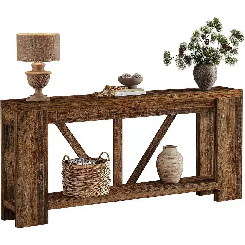 Console longue de 70,9 pouces, table de canapé de style rustique à 2 niveaux derrière le canapé, grande console d'entrée avec rangement pour le couloir, le foyer