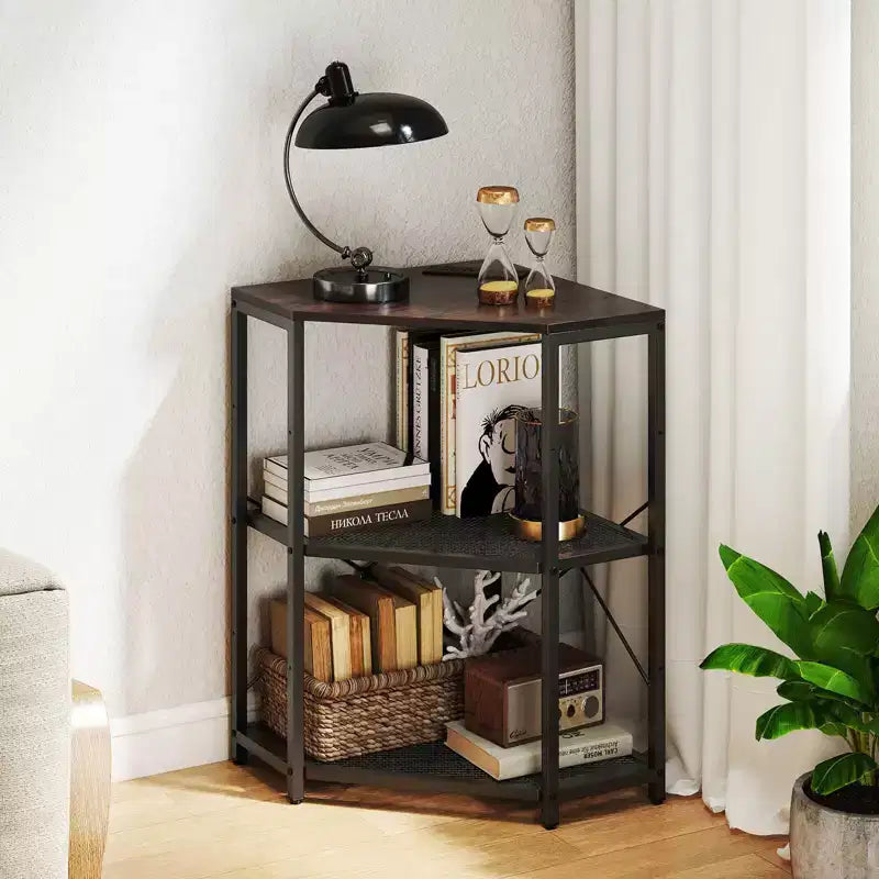 Support d'imprimante d'angle avec station de charge, étagère en maille métallique réglable, noir/marron/blanc