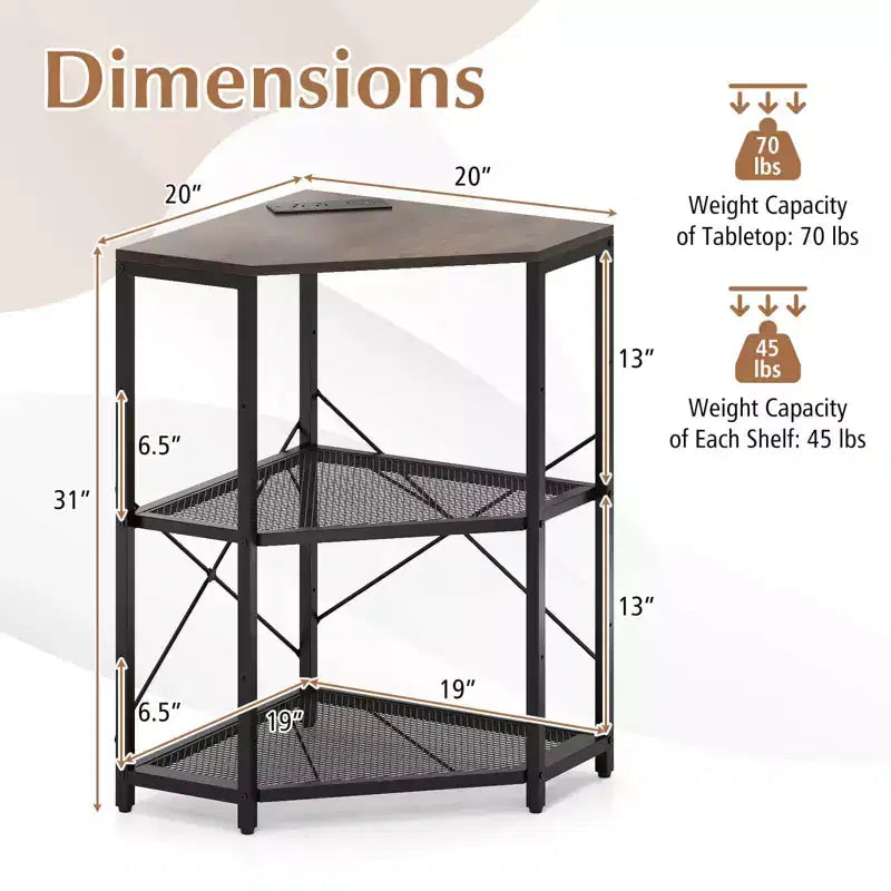 Support d'imprimante d'angle avec station de charge, étagère en maille métallique réglable, noir/marron/blanc
