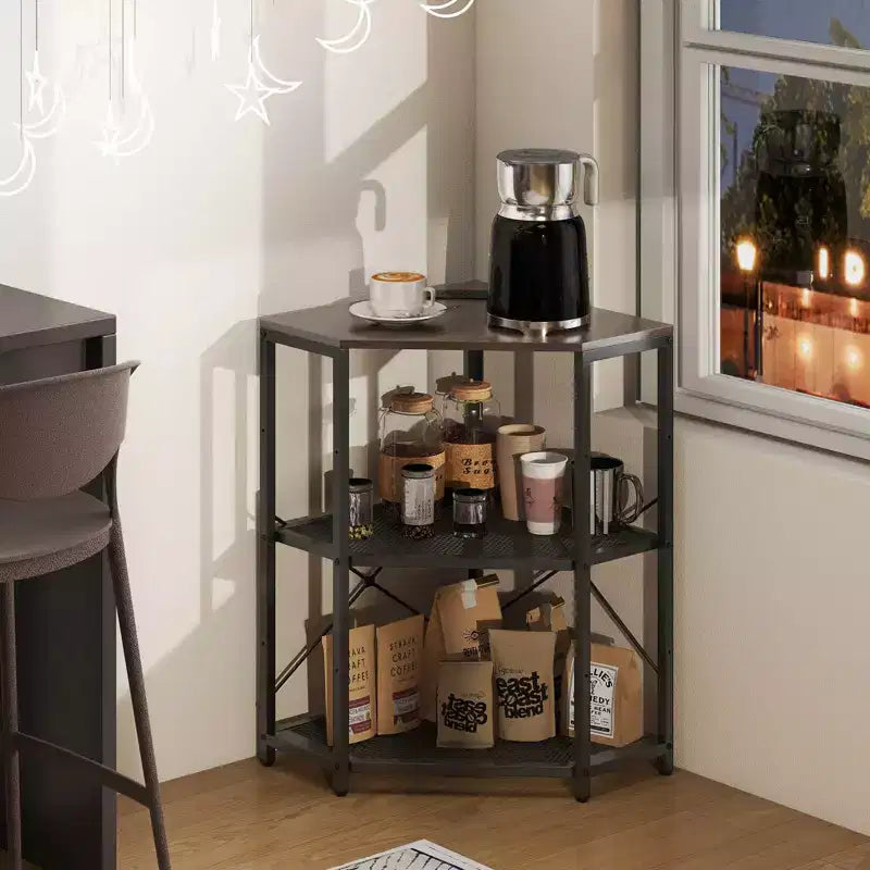 Support d'imprimante d'angle avec station de charge, étagère en maille métallique réglable, noir/marron/blanc