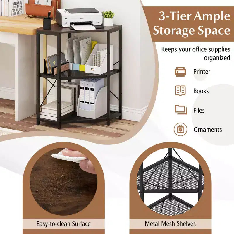Support d'imprimante d'angle avec station de charge, étagère en maille métallique réglable, noir/marron/blanc