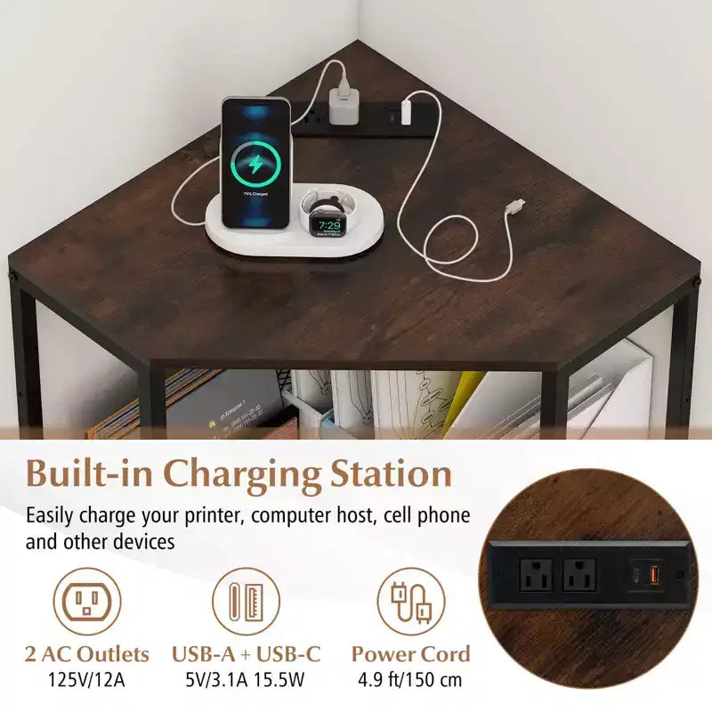 Support d'imprimante d'angle avec station de charge, étagère en maille métallique réglable, noir/marron/blanc