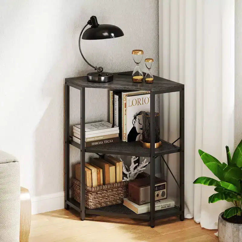 Support d'imprimante d'angle avec station de charge, étagère en maille métallique réglable, noir/marron/blanc