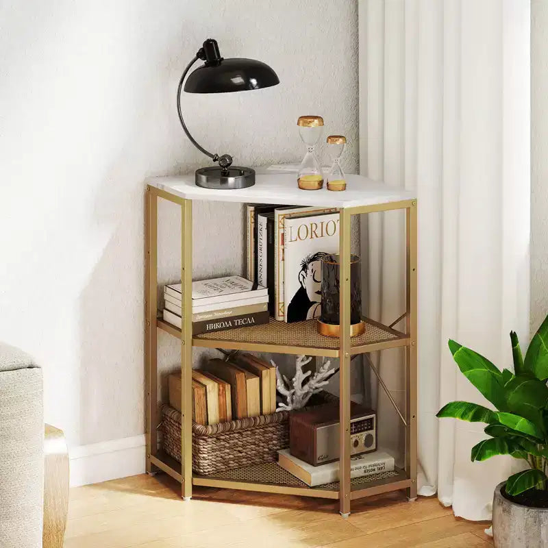 Support d'imprimante d'angle avec station de charge, étagère en maille métallique réglable, noir/marron/blanc