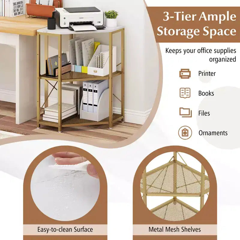 Support d'imprimante d'angle avec station de charge, étagère en maille métallique réglable, noir/marron/blanc