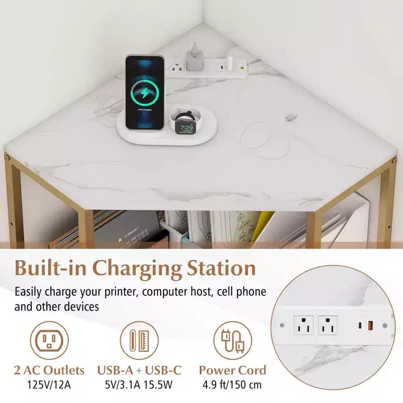 Support d'imprimante d'angle avec station de charge, étagère en maille métallique réglable, noir/marron/blanc