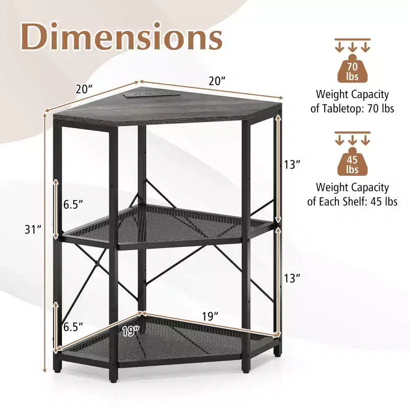 Support d'imprimante d'angle avec station de charge, étagère en maille métallique réglable, noir/marron/blanc