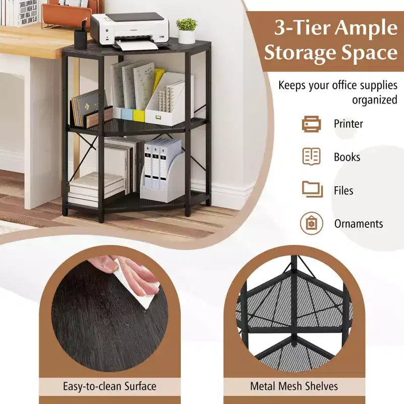 Support d'imprimante d'angle avec station de charge, étagère en maille métallique réglable, noir/marron/blanc