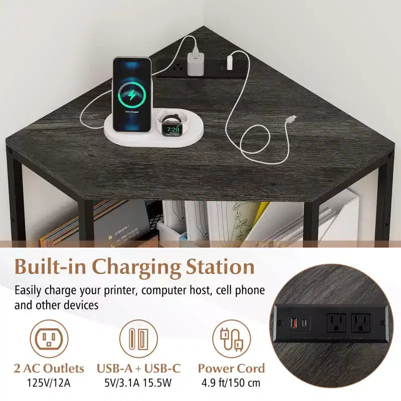 Support d'imprimante d'angle avec station de charge, étagère en maille métallique réglable, noir/marron/blanc