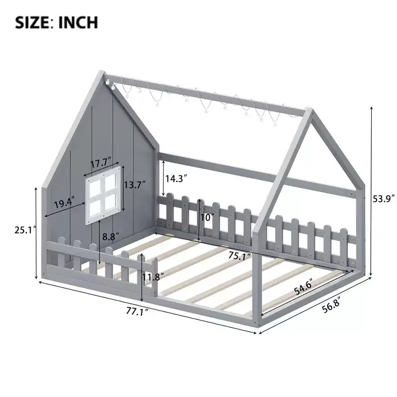 Lit cabane en bois de taille standard avec fenêtre et clôture