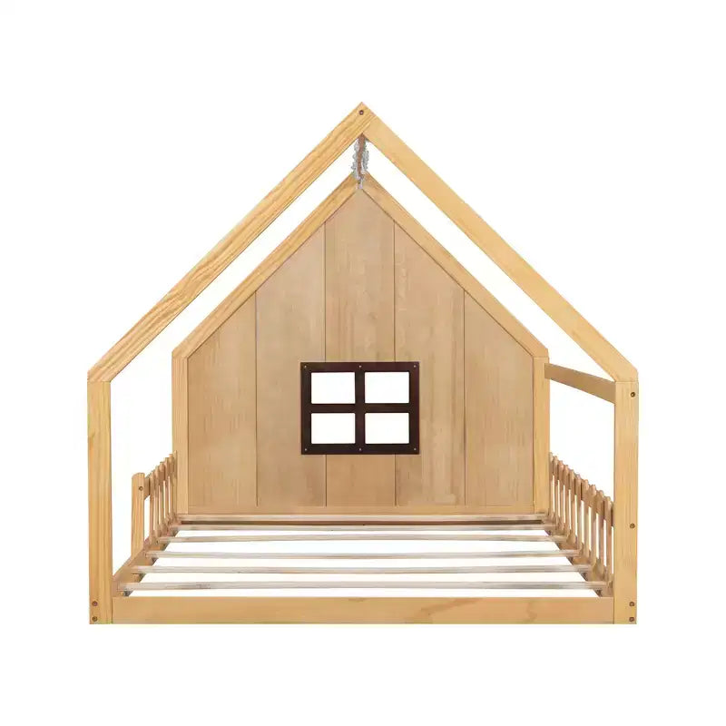 Lit cabane en bois de taille standard avec fenêtre et clôture