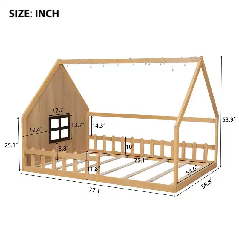 Lit cabane en bois de taille standard avec fenêtre et clôture