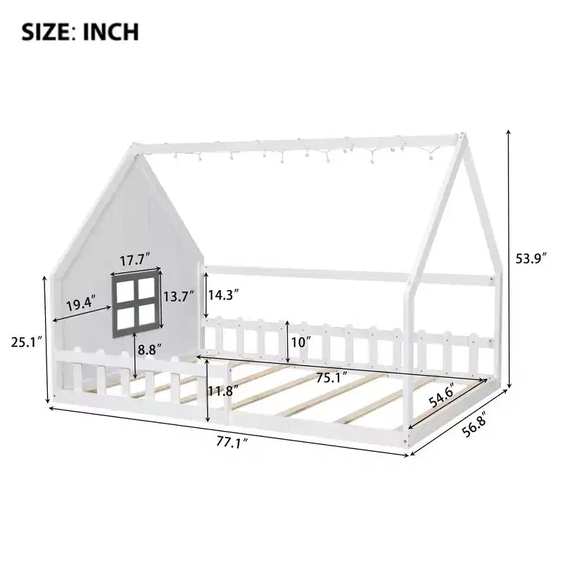 Lit cabane en bois de taille standard avec fenêtre et clôture