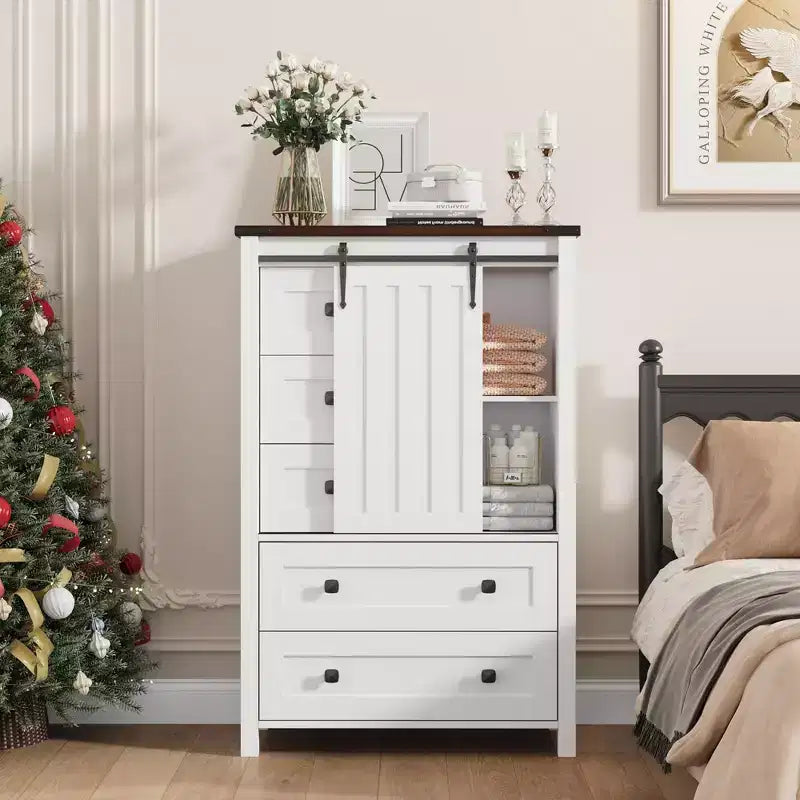 Commode 5 tiroirs de style rustique pour chambre à coucher, commode en bois de 122 cm de haut avec porte coulissante de style grange, organisateur de rangement