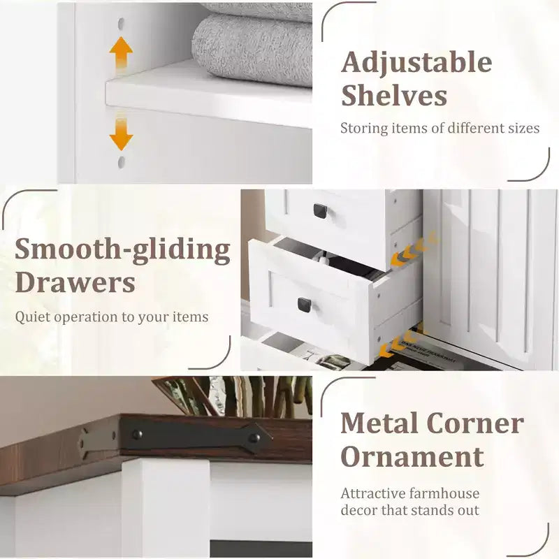 Commode 5 tiroirs de style rustique pour chambre à coucher, commode en bois de 122 cm de haut avec porte coulissante de style grange, organisateur de rangement
