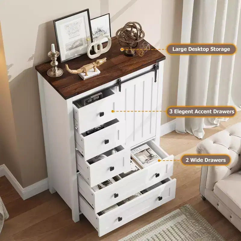 Commode 5 tiroirs de style rustique pour chambre à coucher, commode en bois de 122 cm de haut avec porte coulissante de style grange, organisateur de rangement