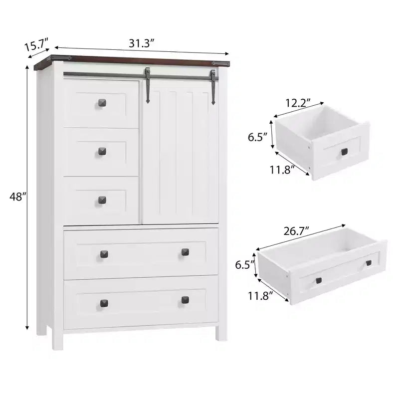 Commode 5 tiroirs de style rustique pour chambre à coucher, commode en bois de 122 cm de haut avec porte coulissante de style grange, organisateur de rangement
