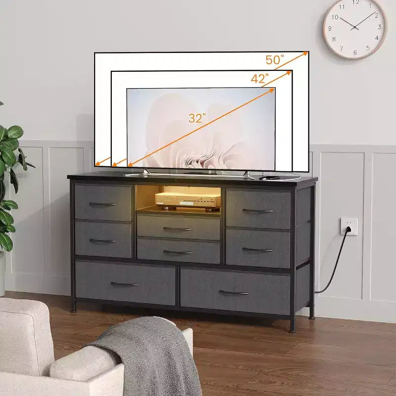 Meuble TV multifonctionnel de 120,4 cm avec 8 tiroirs, bande lumineuse intelligente RVB, deux prises de courant, adapté à de multiples scénarios