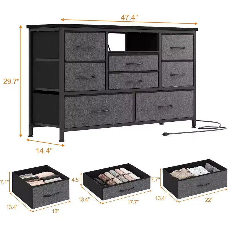 Meuble TV multifonctionnel de 120,4 cm avec 8 tiroirs, bande lumineuse intelligente RVB, deux prises de courant, adapté à de multiples scénarios